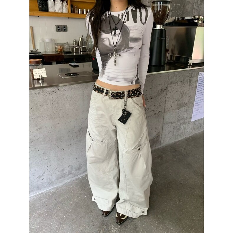 6302-P50 美式辣妹多口袋微喇工装牛仔裤女2025图片