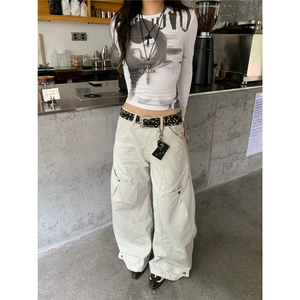 6302-P50 美式辣妹多口袋微喇工装牛仔裤女2025图片