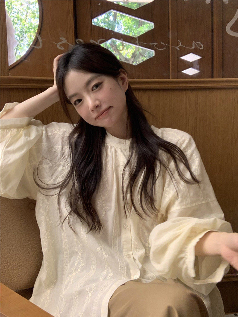 法式设计感蕾丝刺绣娃娃衫水溶棉灯笼袖衬衫,女装衬衫,湘姗