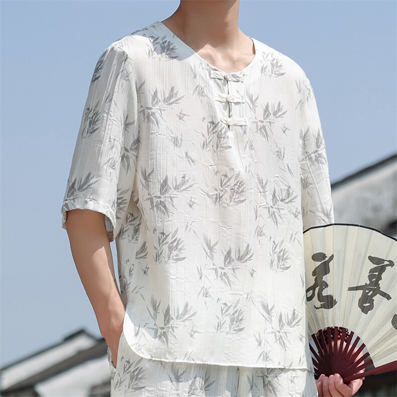 2025夏季男装禅服上衣风冰丝印花盘扣唐装短袖T恤C117-P50,男装T恤,电商B277(原6028)