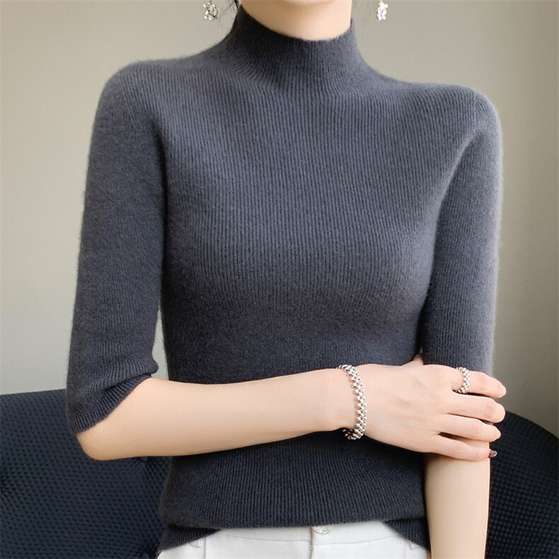 半高领毛衣女短袖2024年新款秋薄款五分袖中袖修身内搭,针织衫/毛衣,皓宇羊绒