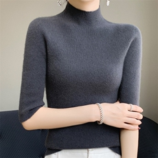 半高领毛衣女短袖2024年新款秋薄款五分袖中袖修身内搭，女装针织衫/毛衣，皓宇羊绒
