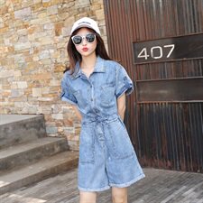 现货款牛仔连体裤宽松阔腿裤收腰短裤16088601，女装牛仔裤，艾青服饰