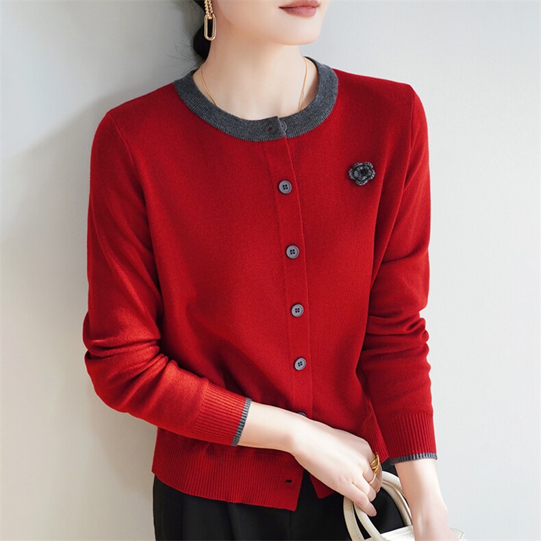 重工刺绣钩花精纺羊毛开衫女圆领拼色花朵针织打底衫宽松外套毛衣，女装羊毛衫，暖烁羊绒