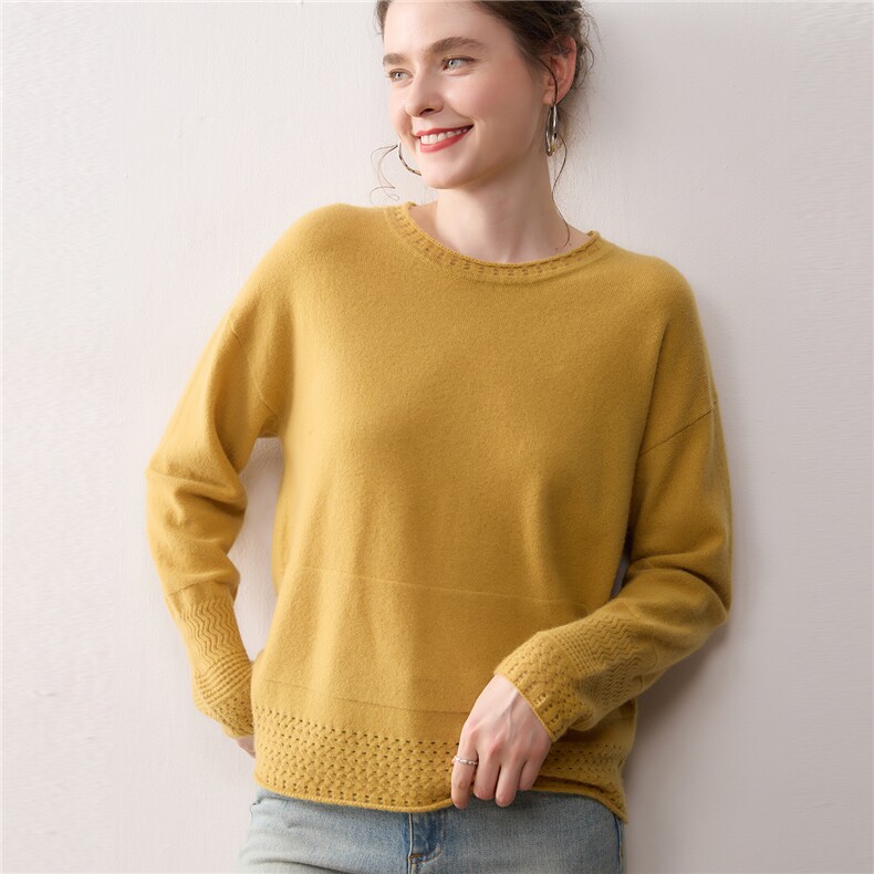 2025秋冬新款100%羊绒衫女圆领套头毛衣宽松慵懒风针织打底上衣，女装针织衫/毛衣，暖绒情旗舰店