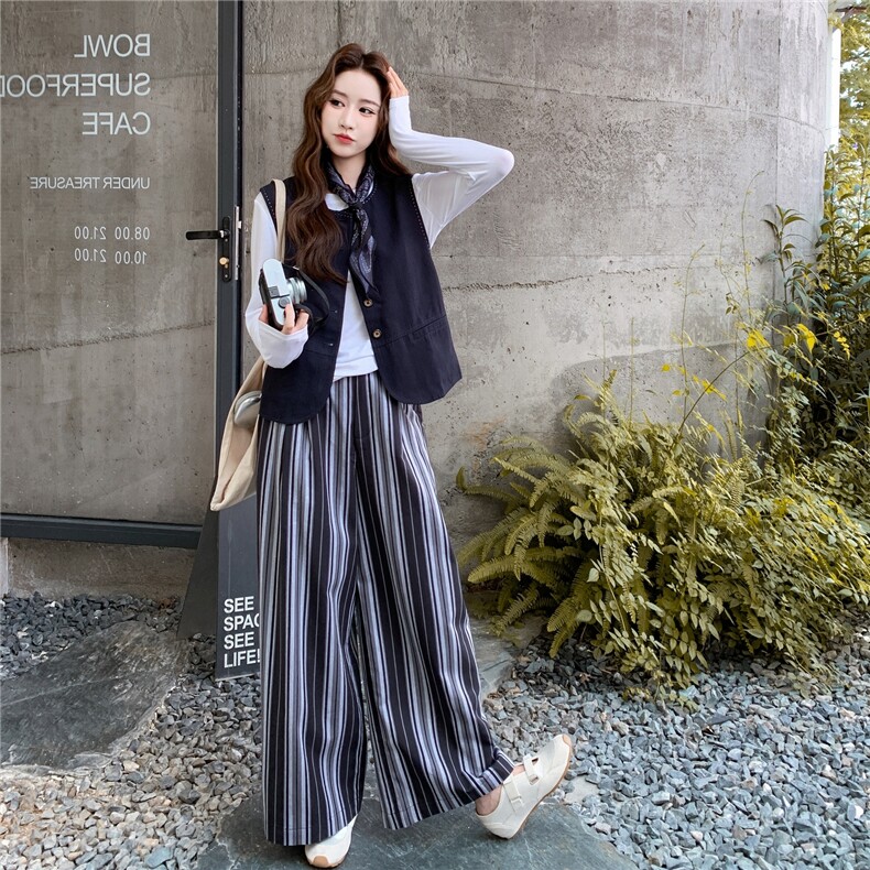 减龄宽松藏青色马甲套装女2025年秋季日系松弛感条纹阔腿裤两件套,女装套装/套裙,2C325
