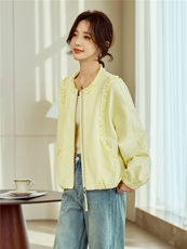 黄色小众设计木耳边圆领短外套女2026早春新款宽松休闲百搭夹克，女装短外套，梦懿尔