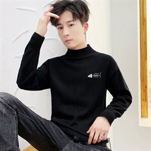 秋冬中领毛衣男小鱼骨头长袖外套男毛衫打底针织衫高领灰M229P35图片