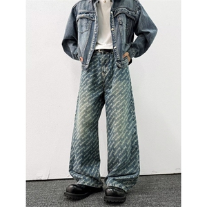 春秋美式休闲提花满印牛仔裤男直筒宽松百搭阔腿长裤潮RK3179-P51,男装牛仔裤,星座412-3
