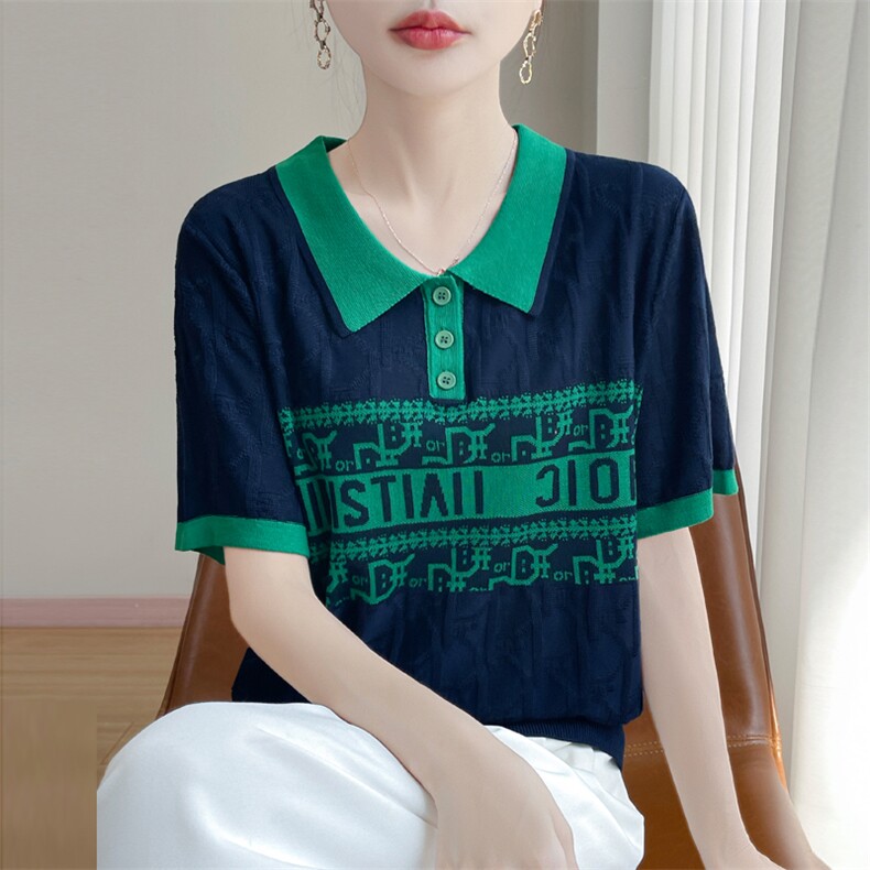 夏季新款天丝polo领拼色字母提花短袖女宽松百搭显瘦时尚休闲上衣,女装T恤,暖娇绒包芯纱店