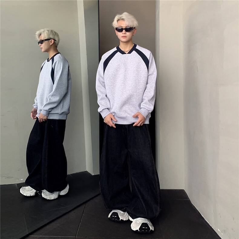 美式秋冬拼接V领卫衣男秋冬重磅加厚情侣装上衣外套,女装短外套,电商C307