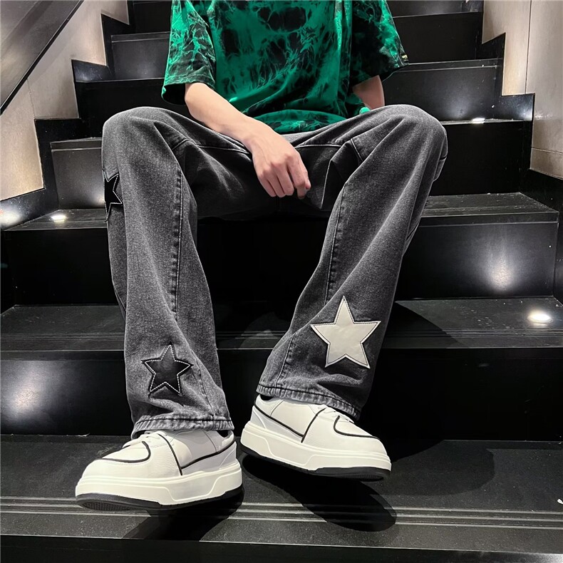 美式高街星星贴布牛仔裤宽松直筒显瘦水洗长裤男女潮,男装牛仔裤,星座410-6（原星座1304-1）