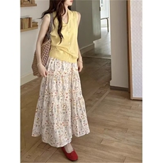 新款小个子设计感碎花茶歇高腰半身裙女夏季a字显瘦大摆温柔长裙，女装半身裙，星座1210-1