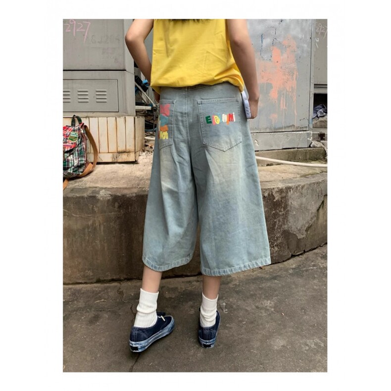 小众彩色字母印花牛仔短裤男夏潮流复古街头百搭宽松阔腿七分裤,男装牛仔裤,四季星座505