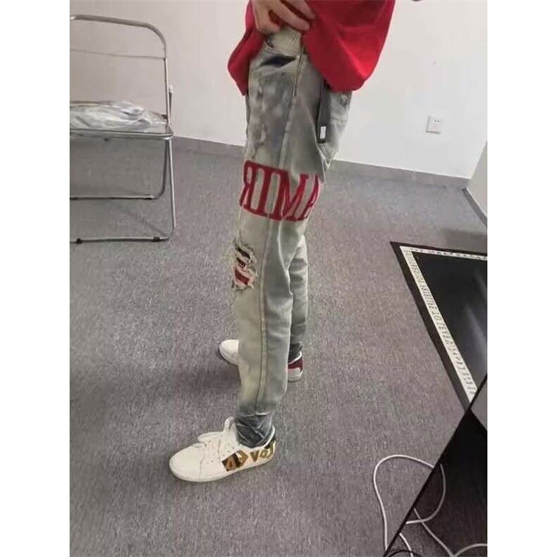 网络图破洞贴布牛仔裤高街美式修身显瘦休闲直筒牛仔裤,男装牛仔裤,星座410-7