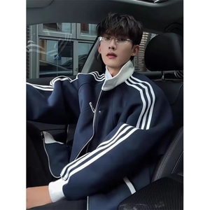 网图美式拼接三条杠卫衣男女款春秋季重磅潮牌百搭情侣条纹外套图片