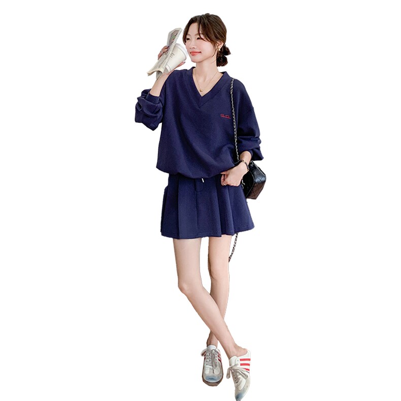 韩版休闲减龄v领卫衣套装女2025春秋新款显瘦高腰百褶短裙两件套,女装套装/套裙,韩蜜菓