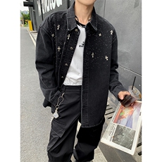 复古重工镶砖牛仔外套男高街宽松水洗衬衫长袖翻领上衣JK1086-P90，男装衬衫，星座1103-3
