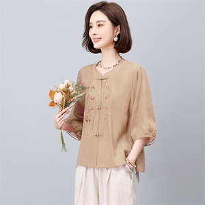 长期有货2026年夏新款苎麻莱赛尔天丝麻刺绣上衣衬衫女中短袖T恤,男式冬季休闲装搭配图片图片