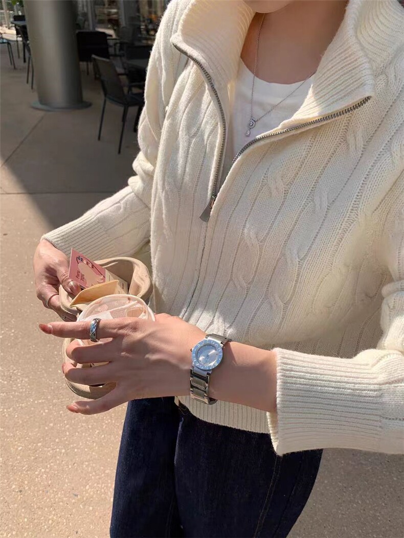 2025年秋季时尚百搭通勤简约休闲绞花立领拉链开衫，女装针织衫/毛衣，米咔羊绒