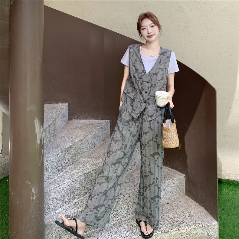 复古时尚印花马甲套装女2025年夏季新款气质通勤T恤阔腿裤三件套,女装套装/套裙,2C129