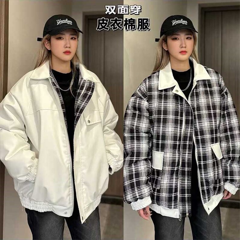网络图数据双面穿格子皮棉衣美式翻领百搭休闲棉服MF1088P110，男装皮衣，电商A128