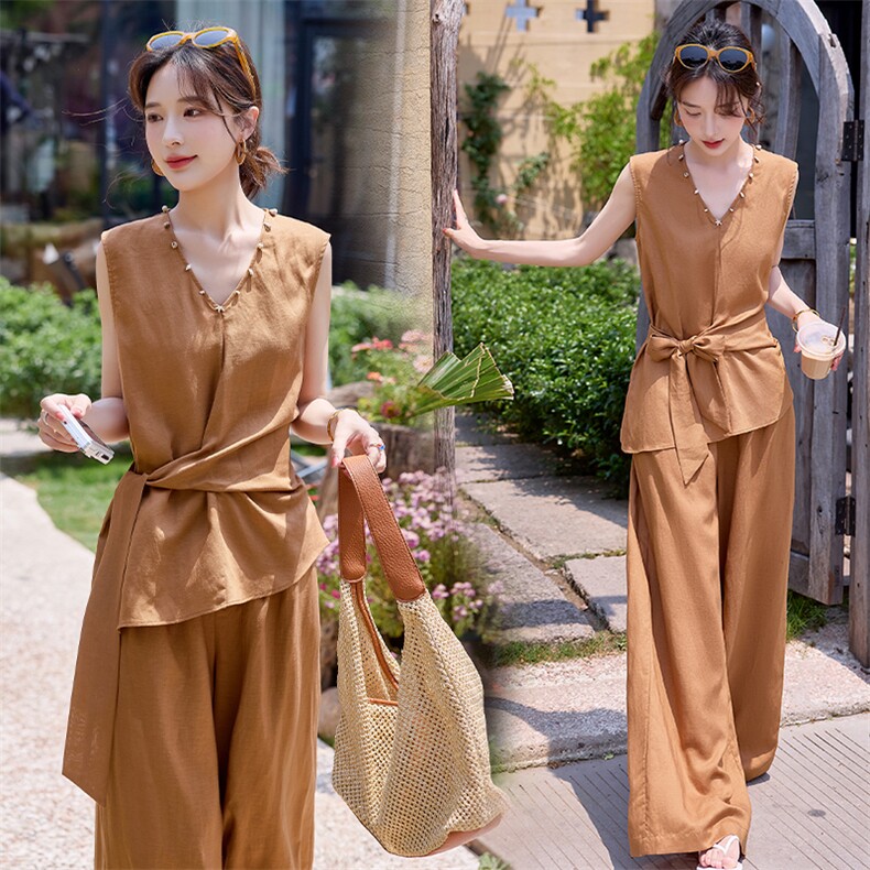 阔腿裤两件套女时尚轻熟风2026夏季新款时尚显瘦V领无袖马甲套装，女装套装/套裙，美沁