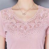 短袖套头修身拼接镶钻镂空圆领纯色2021年夏季蕾丝衫/雪纺衫，女装蕾丝衫/雪纺衫，安之芮娜