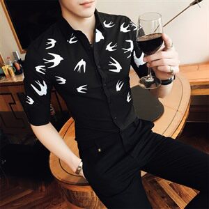 修身型 印花 七分袖 夏季 青春流行 潮 2021年 气质 时尚 尖领 衬衫 简约 图片