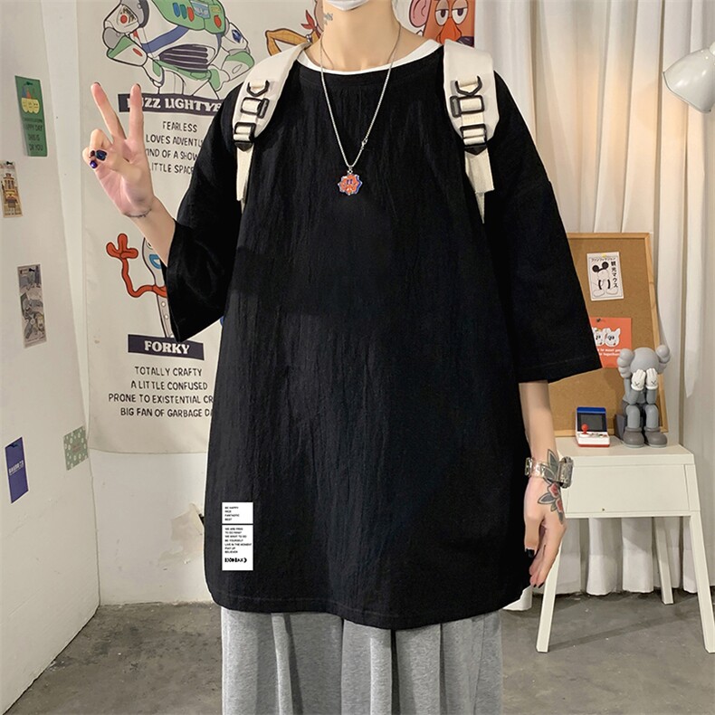 YT26045-P30亚麻短袖t恤男大码五分袖男宽松七分袖海报风,男装T恤,电商A040