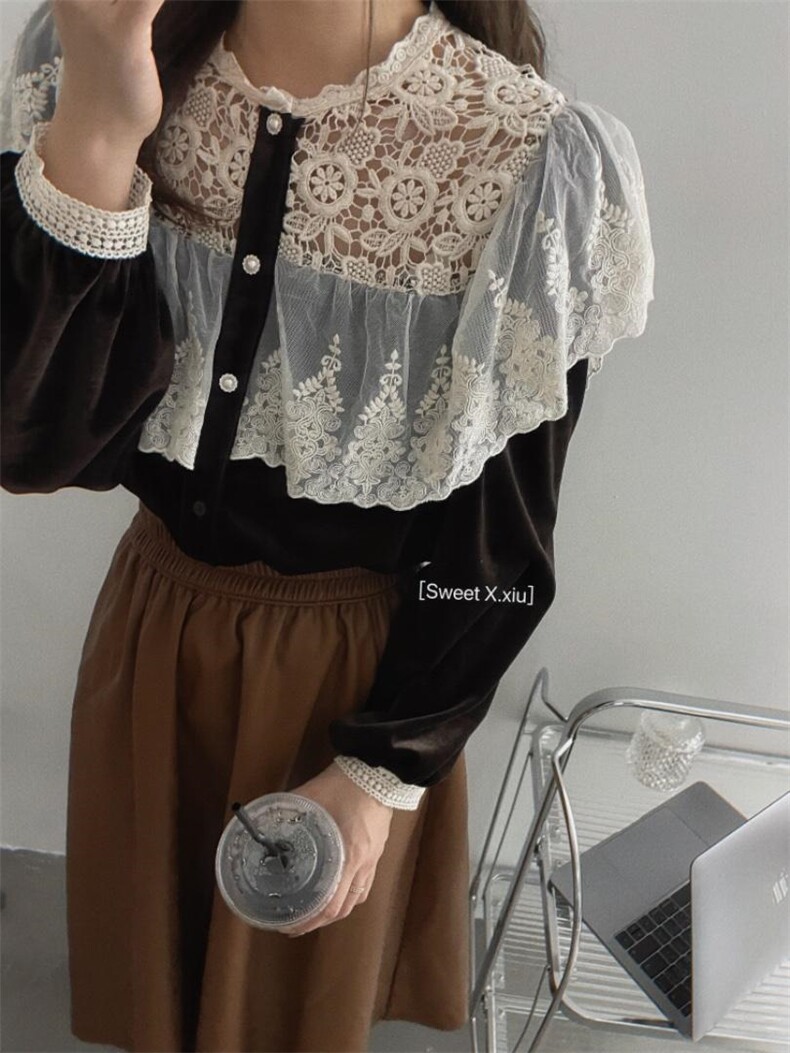 领口够花拼接金丝绒上衣，其它，新袖