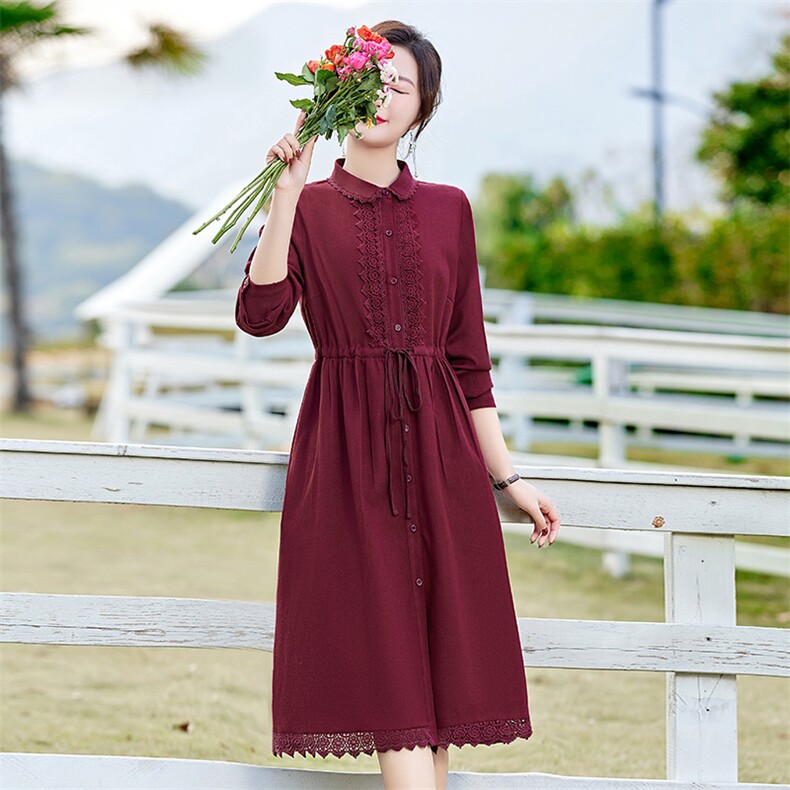 甜美粉色连衣裙女春装2026新款蕾丝花边收腰显瘦文艺气质衬衫裙子,女装连衣裙,倪叶myz