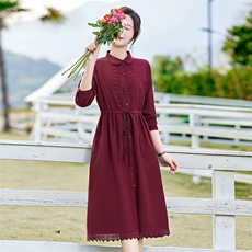 甜美粉色连衣裙女春装2026新款蕾丝花边收腰显瘦文艺气质衬衫裙子，女装连衣裙，倪叶myz