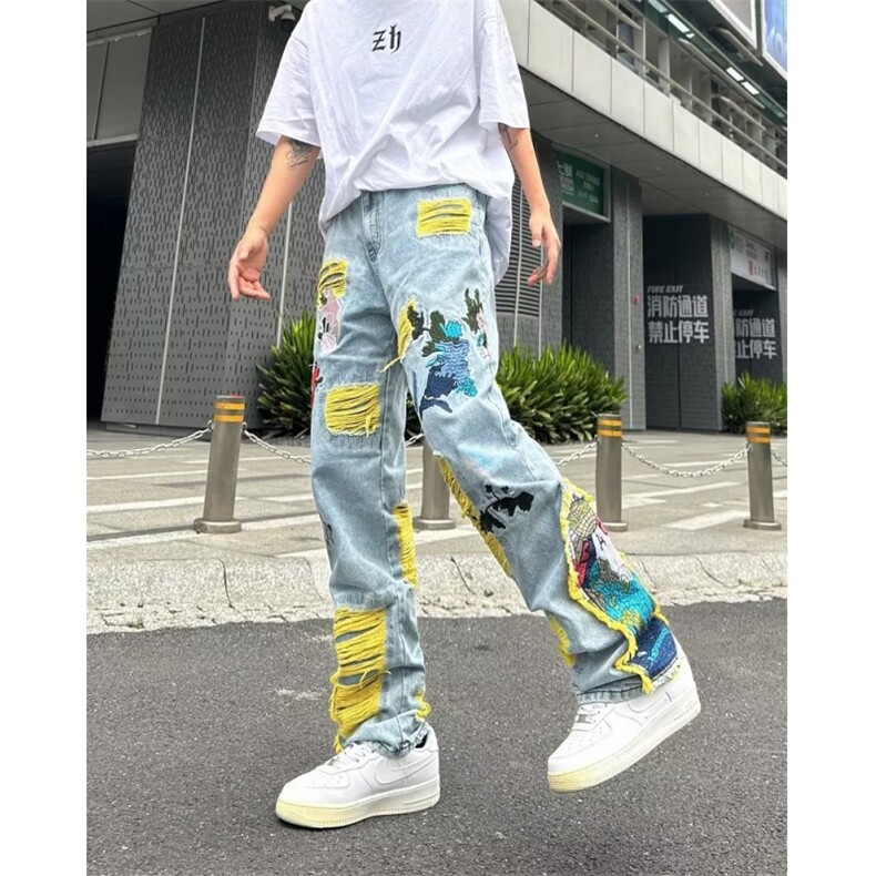 新款港风美式高街嘻哈潮牌百搭拼色休闲牛仔裤K3303-P85,男装牛仔裤,星座1109-3