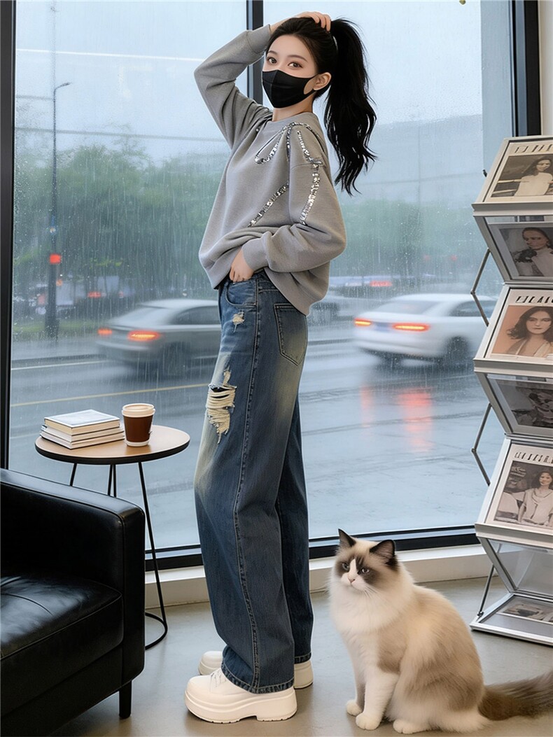 盐系穿搭休闲时尚套装女春款圆领刺绣长袖上衣破洞牛仔长裤两件套,女装套装/套裙,江南