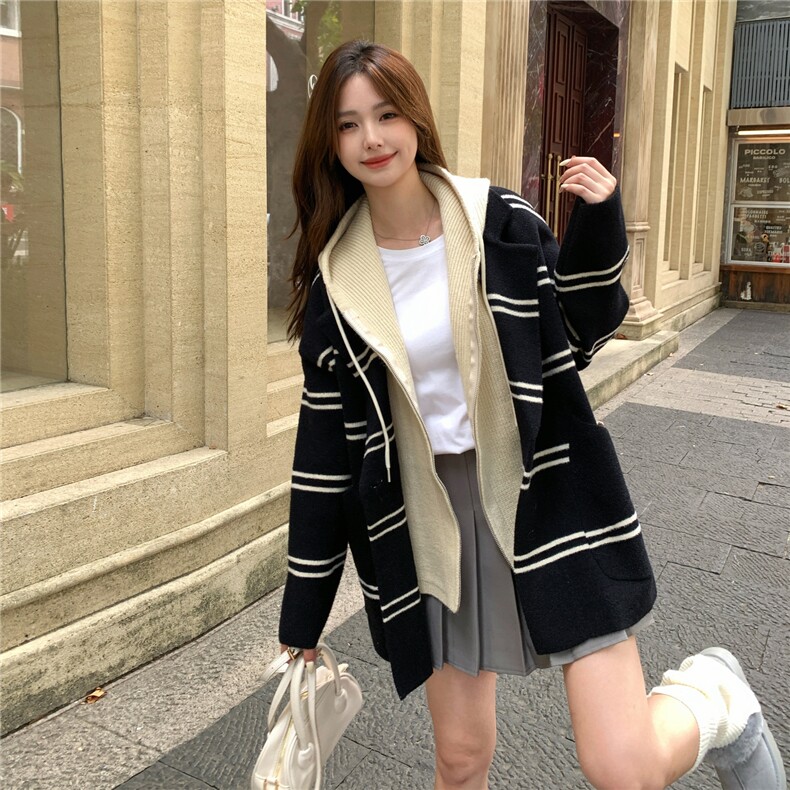 学院风条纹连帽双面呢羊毛短外套女秋冬新款小个子高级感撞色开衫图片