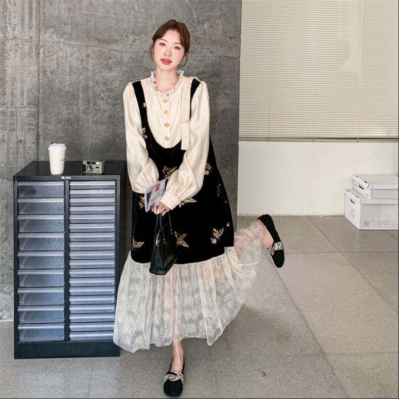 法式高级感假两件拼接连衣裙女2025秋季新款独特别致宽松显瘦长裙,女装连衣裙,2C032
