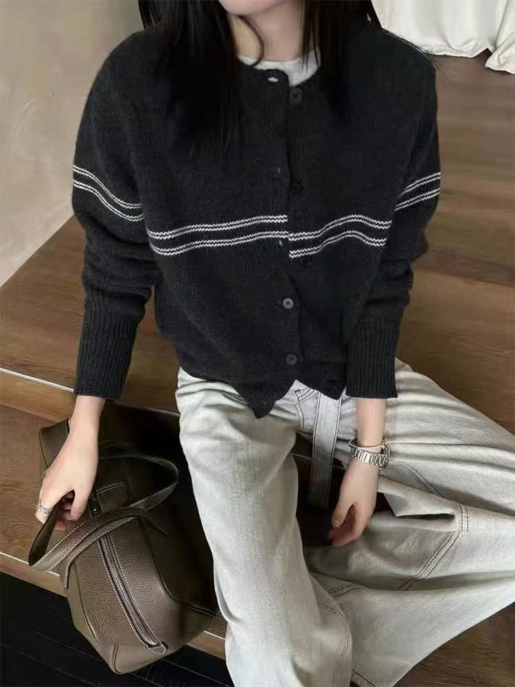 女士秋冬羊毛加厚拼色圆领开衫,女装羊毛衫,百纯羊绒