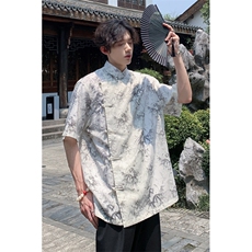 现货新中式风新款24夏季竹叶水印亚麻短袖上衣CS35-P65控88，男装T恤，电商A021