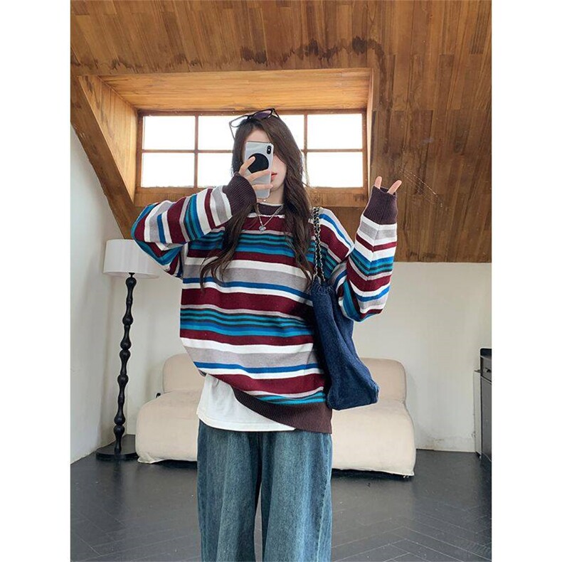 EE175-P75包芯纱长袖上衣针织衫女圆领条纹短款修身秋冬保暖毛衣,男装针织衫/毛衣,星座911-3
