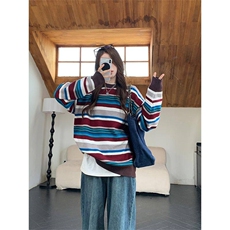 EE175-P75包芯纱长袖上衣针织衫女圆领条纹短款修身秋冬保暖毛衣，男装针织衫/毛衣，星座911-3