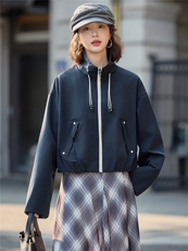时尚休闲立领抽绳短外套女2025秋季格纹袖口拼接宽松显瘦夹克上衣，女装短外套，沁沁公主