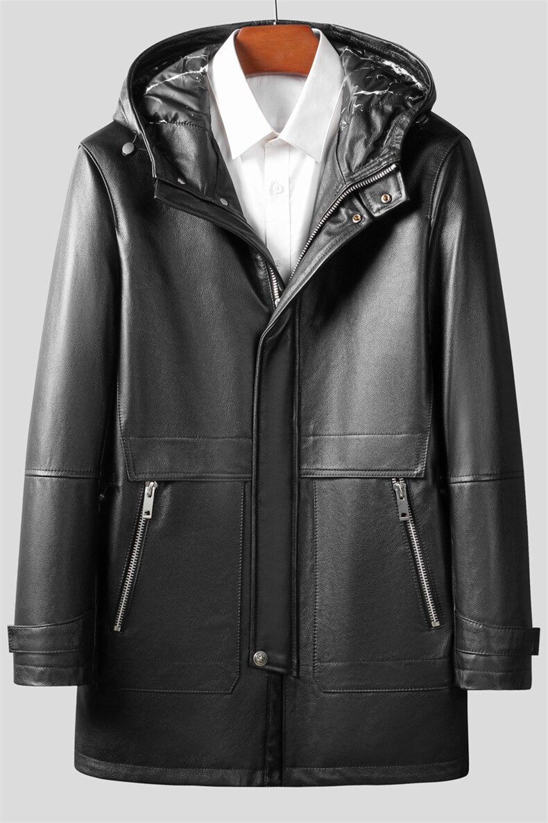 W5001海宁皮衣男头层牛皮白鸭绒羽绒服中长款连帽皮夹克P880，男装皮衣，电商B360