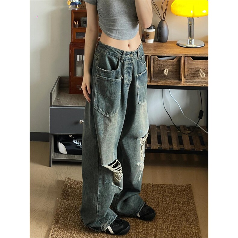 【有货】口袋破洞牛仔裤男女款美式高街直筒裤子A271CC-特P50,男装牛仔裤,星座1007（原301D）