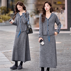 设计感系带大翻领针织开衫毛衣半身裙两件套女气质显瘦套装，女装套装/套裙，依多米