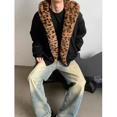 美式复古豹纹毛领连帽棉服男冬季加厚保暖棉衣宽松短款座山雕外套，男装棉衣，四季星座505