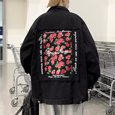 美式复古高街玫瑰花牛仔外套男宽松原宿港风薄款棒球服W5007-P64，男装夹克，星座512-2