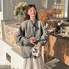 高街美式复古水洗做旧牛仔外套女春季2025新款oversize中长款夹克，女装短外套，2C122