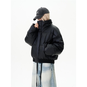 现货5W件冬季三防重磅硬挺boxy短款羽绒立领PU皮棉衣外套加厚棉服图片
