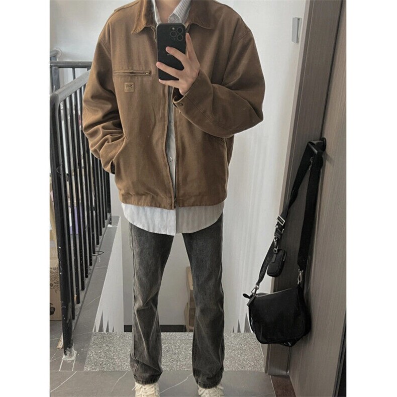 潮日系复古底特律工装夹克男秋季潮牌宽松百搭时尚撞色翻领外套,男装夹克,星座601-1